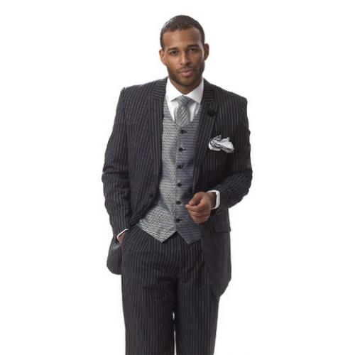 E. J. Samuel Black / Silver Gray Pinstripes Suit Comes With Matching Tie M2646